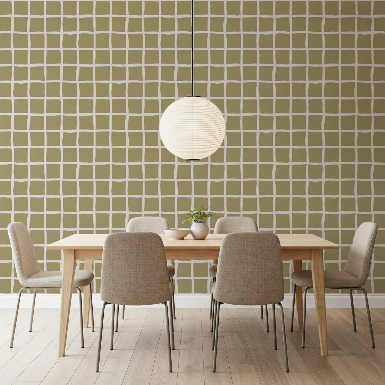 Dining room wallpaper showing green grid pattern with warm neutral square spacing
