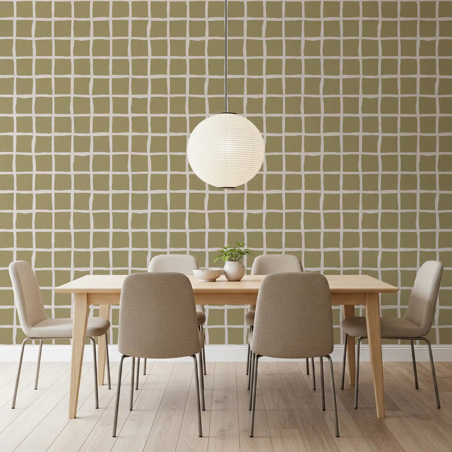 Olive Beige Green Grid Wallpaper Boho Coastal Wallpaper⁠