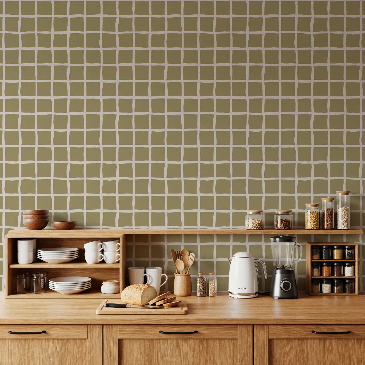 Olive Beige Green Grid Wallpaper Boho Coastal Wallpaper⁠