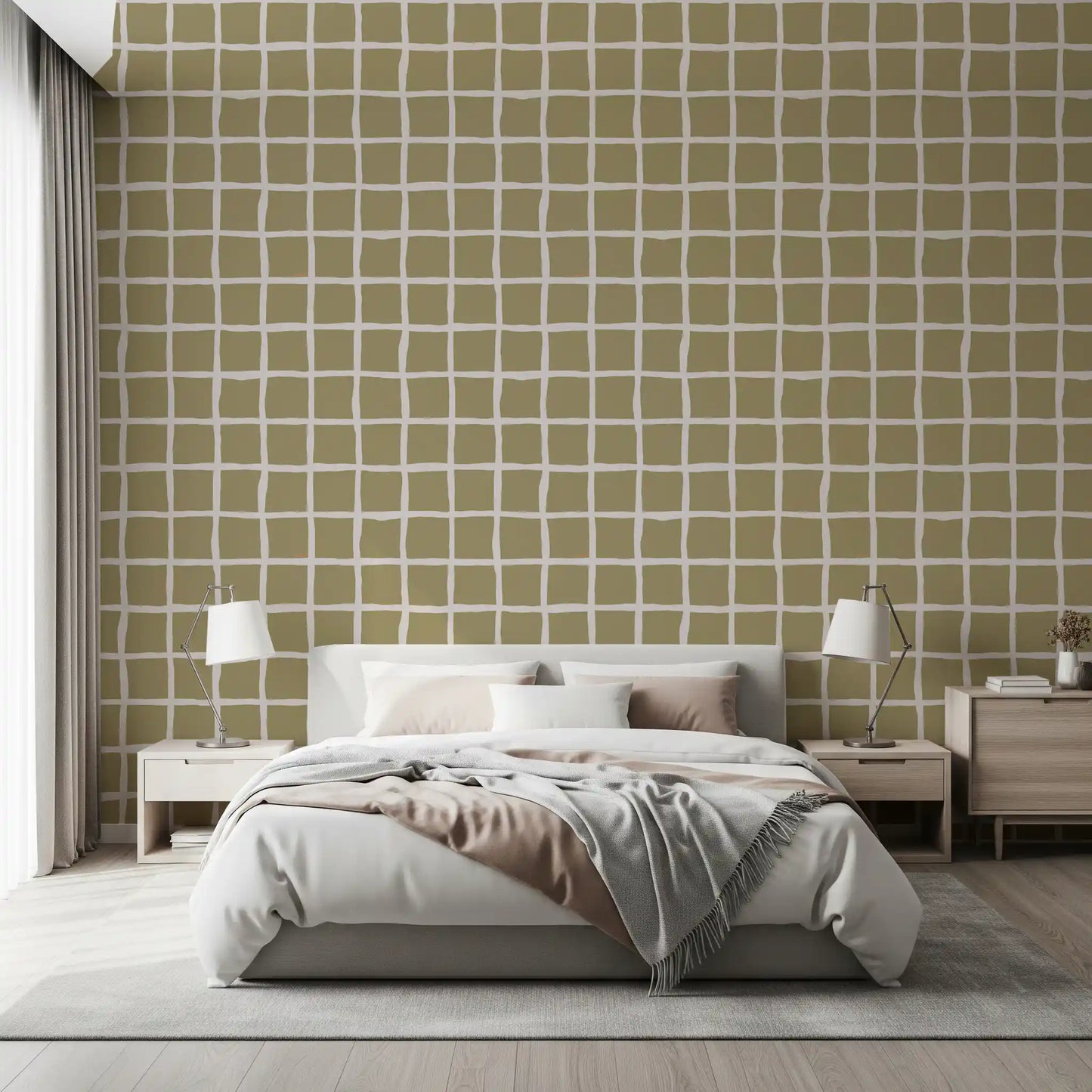 Olive Beige Green Grid Wallpaper Boho Coastal Wallpaper⁠