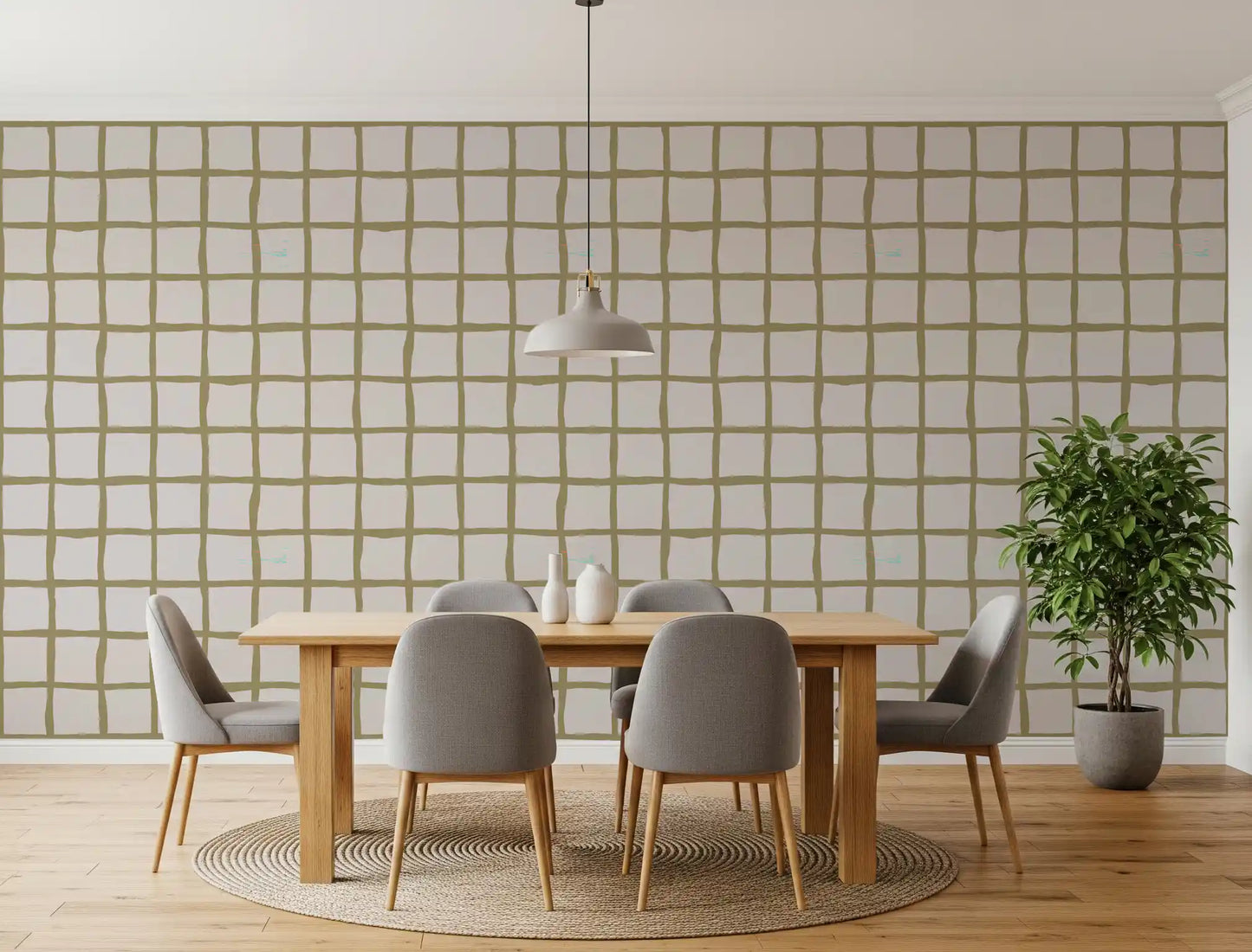 Olive Green Check Grid Wallpaper Boho Coastal Wallpaper⁠