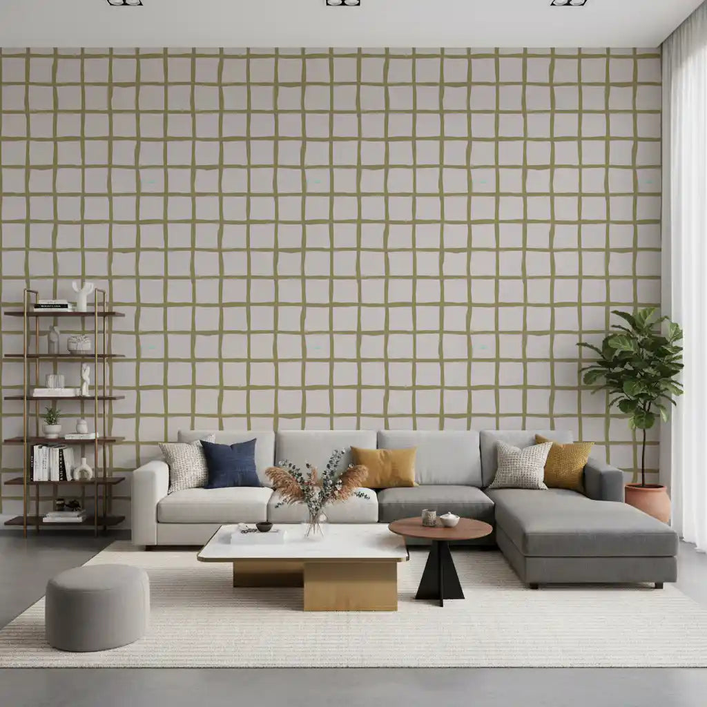 Olive Green Check Grid Wallpaper Boho Coastal Wallpaper⁠