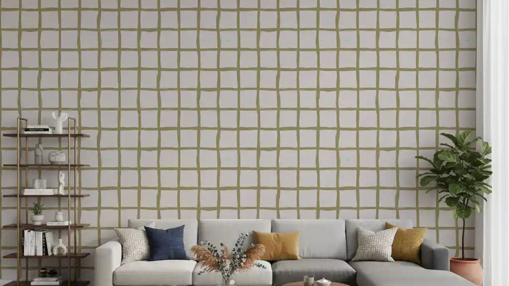 Living room wallpaper featuring Olive Grid pattern and casual square layout