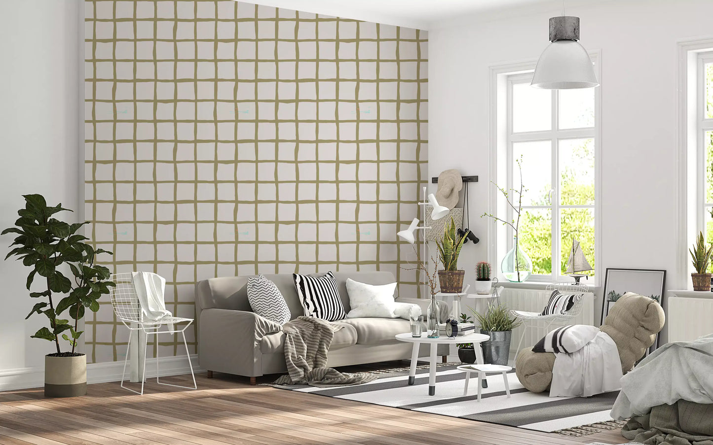 Olive Green Check Grid Wallpaper Boho Coastal Wallpaper⁠