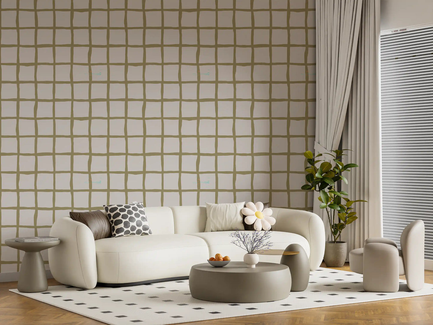 Olive Green Check Grid Wallpaper Boho Coastal Wallpaper⁠