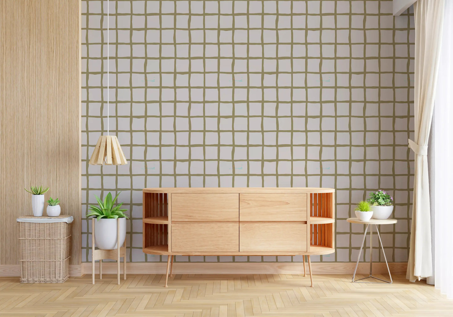 Olive Green Check Grid Wallpaper Boho Coastal Wallpaper⁠