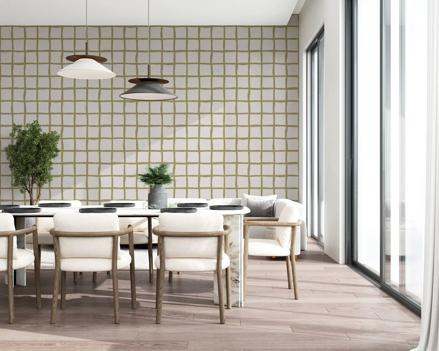 Olive Green Check Grid Wallpaper Boho Coastal Wallpaper⁠