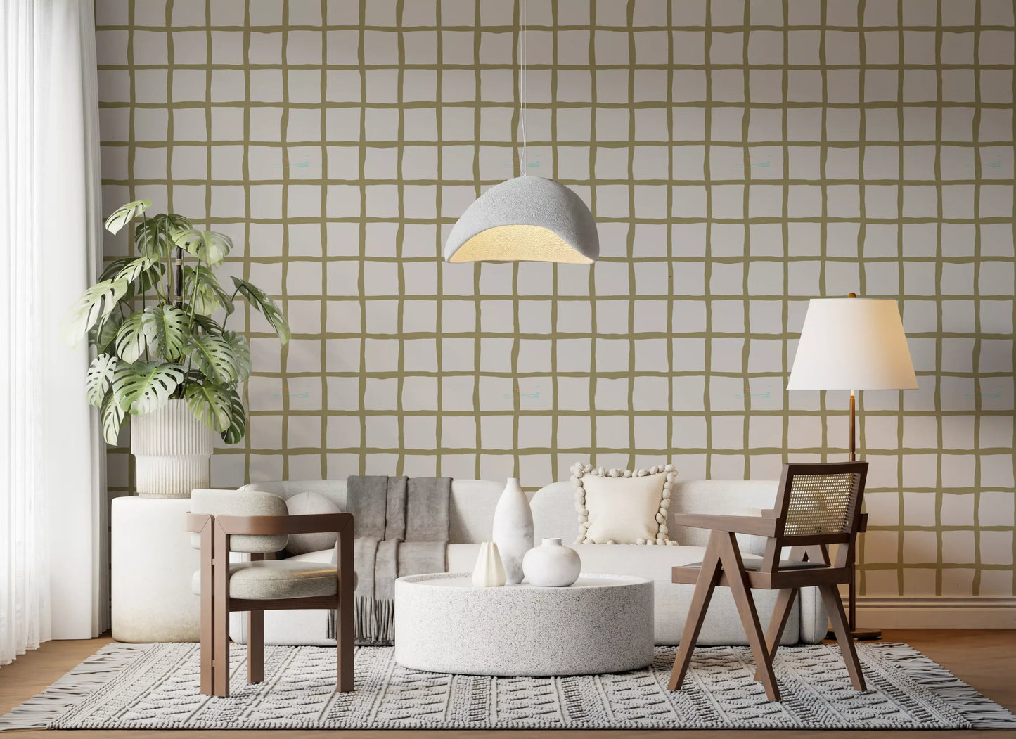Olive Green Check Grid Wallpaper Boho Coastal Wallpaper⁠