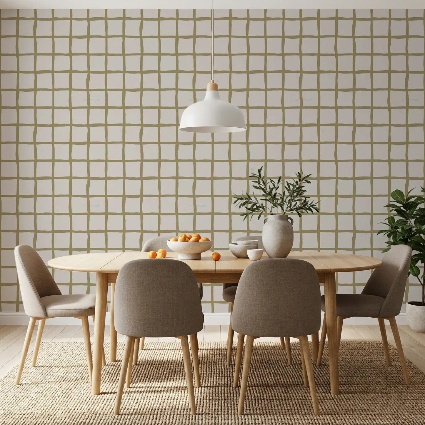 Olive Green Check Grid Wallpaper Boho Coastal Wallpaper⁠