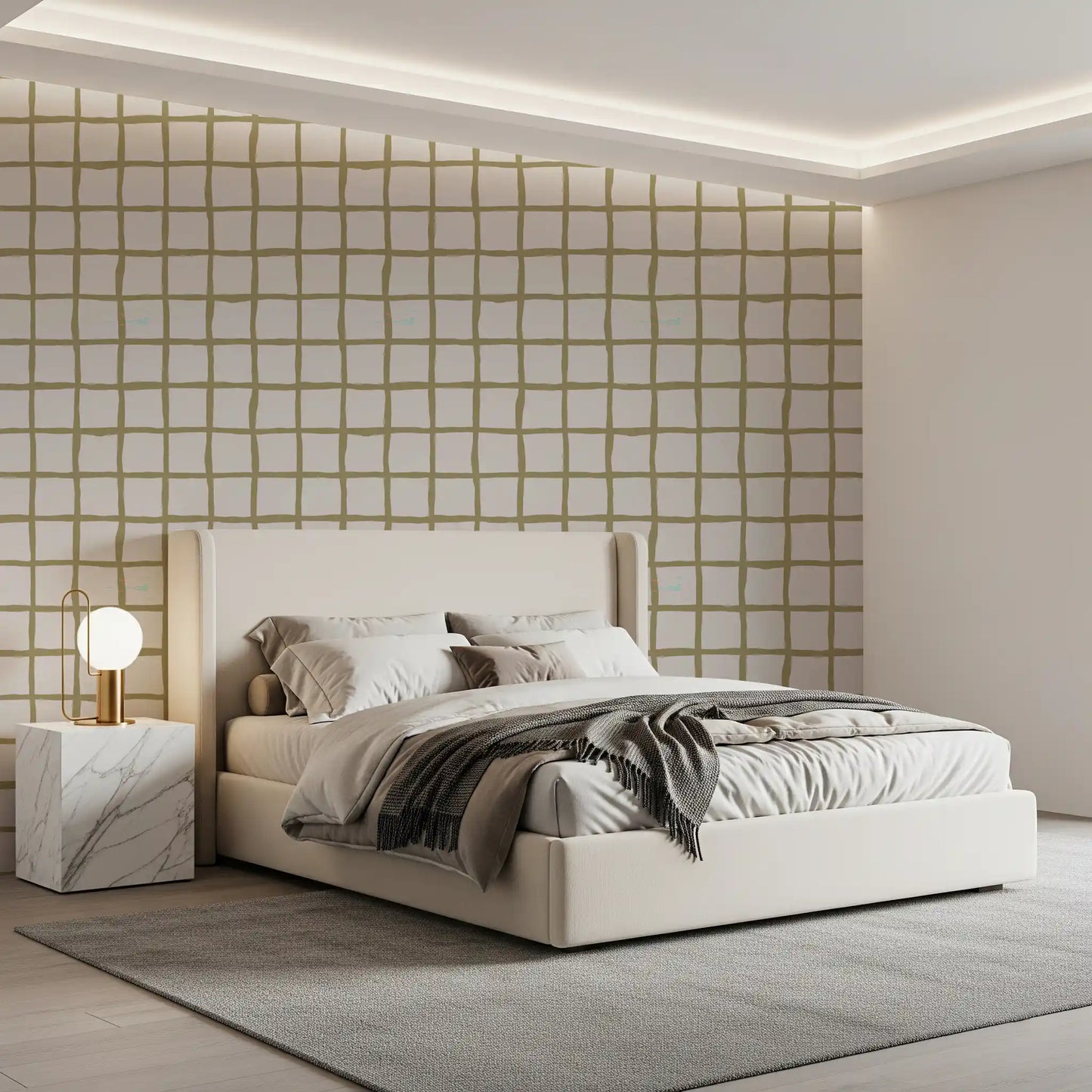 Olive Green Check Grid Wallpaper Boho Coastal Wallpaper⁠