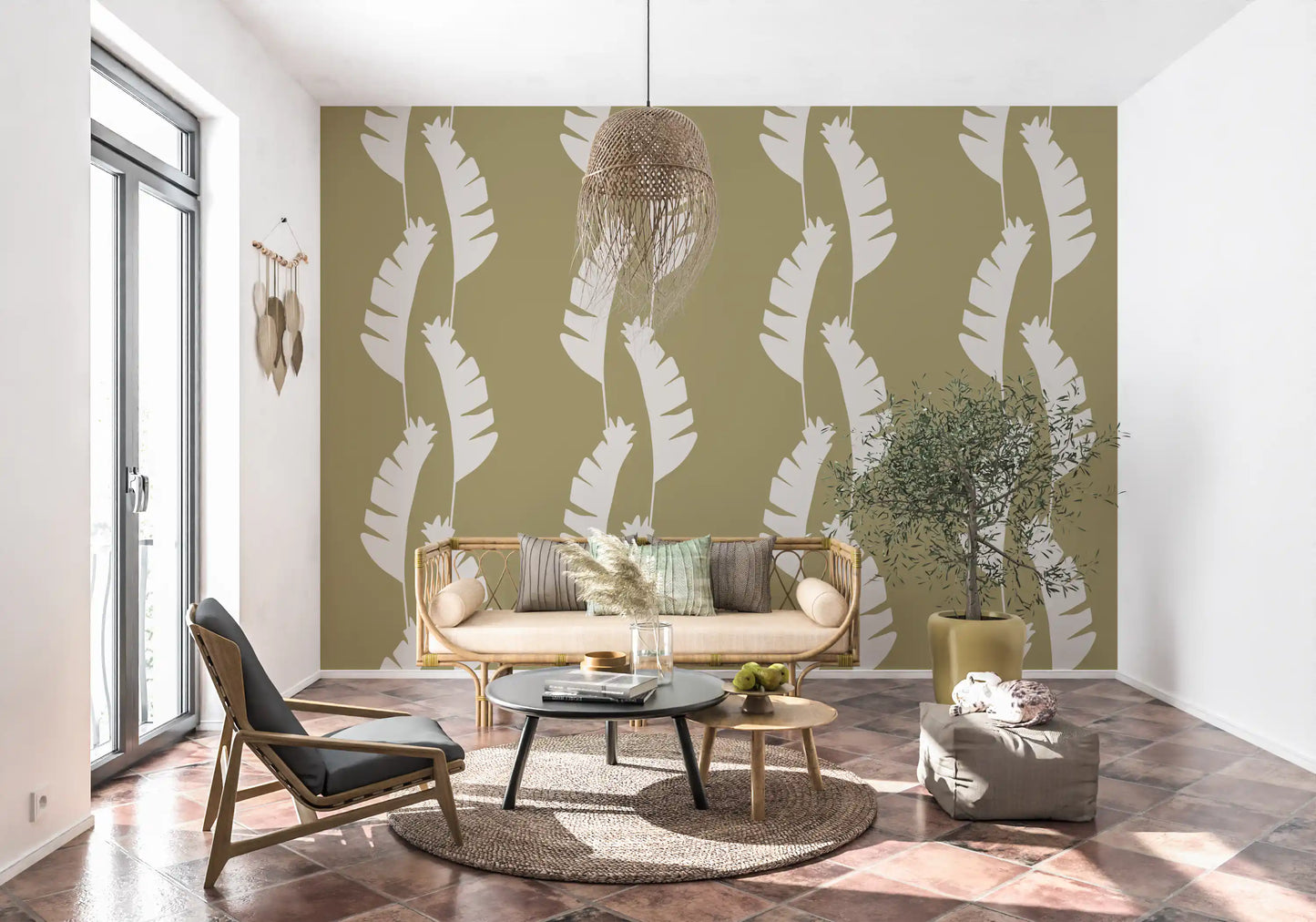 Olive Green Banana Leaf Wallpaper Boho Coastal Wallpaper⁠