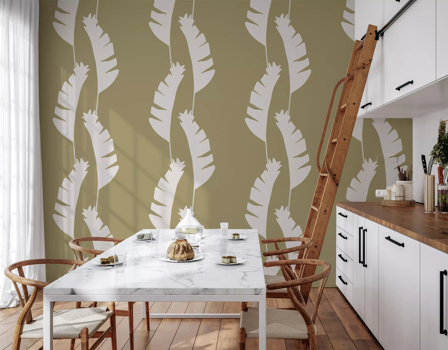 Olive Green Banana Leaf Wallpaper Boho Coastal Wallpaper⁠