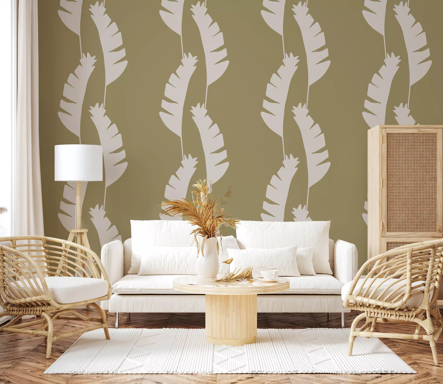 Olive Green Banana Leaf Wallpaper Boho Coastal Wallpaper⁠