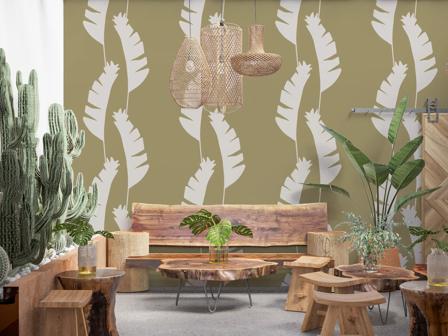 Olive Green Banana Leaf Wallpaper Boho Coastal Wallpaper⁠