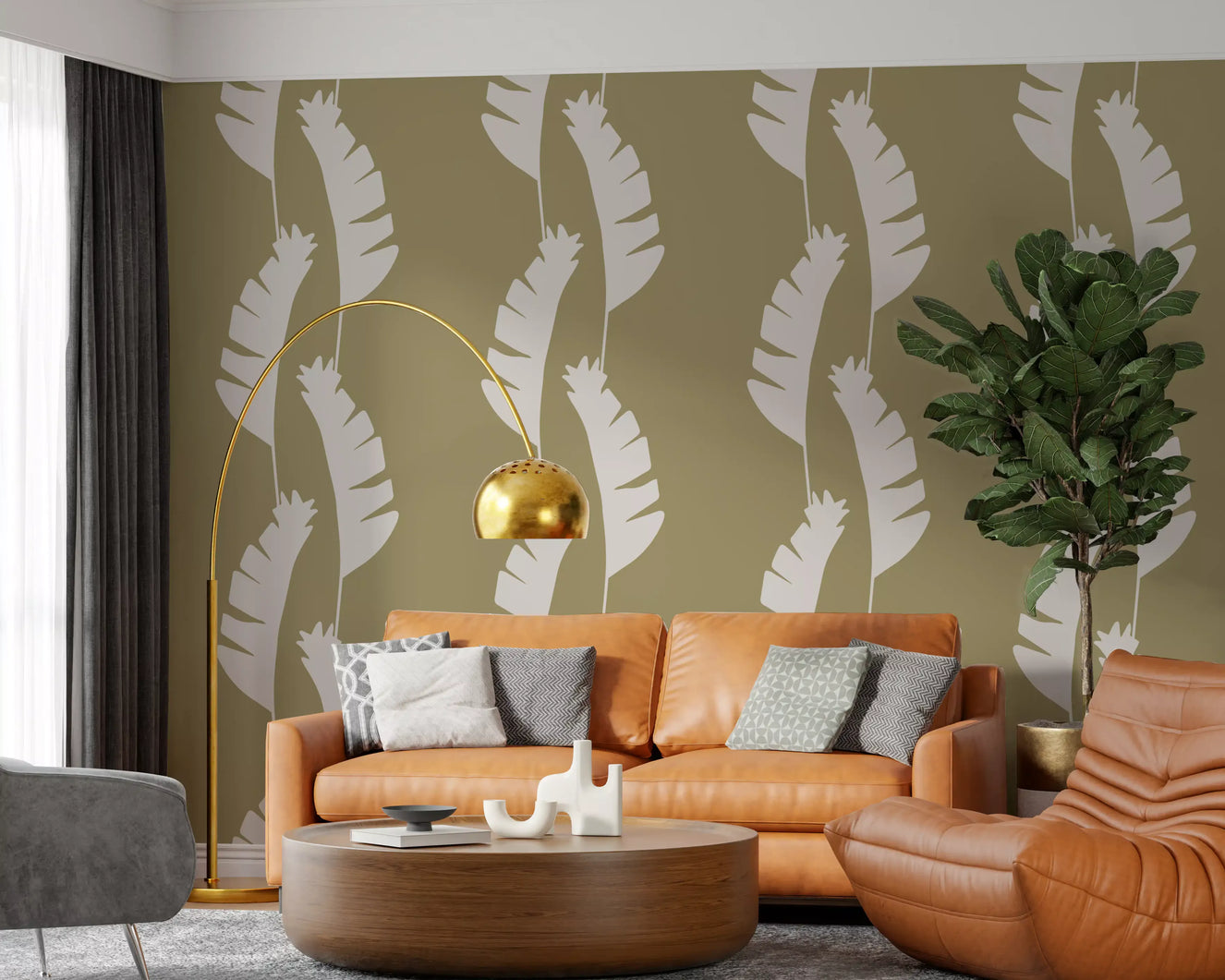 Living room wall with Olive Green Banana Leaf Wallpaper and boho coastal detail