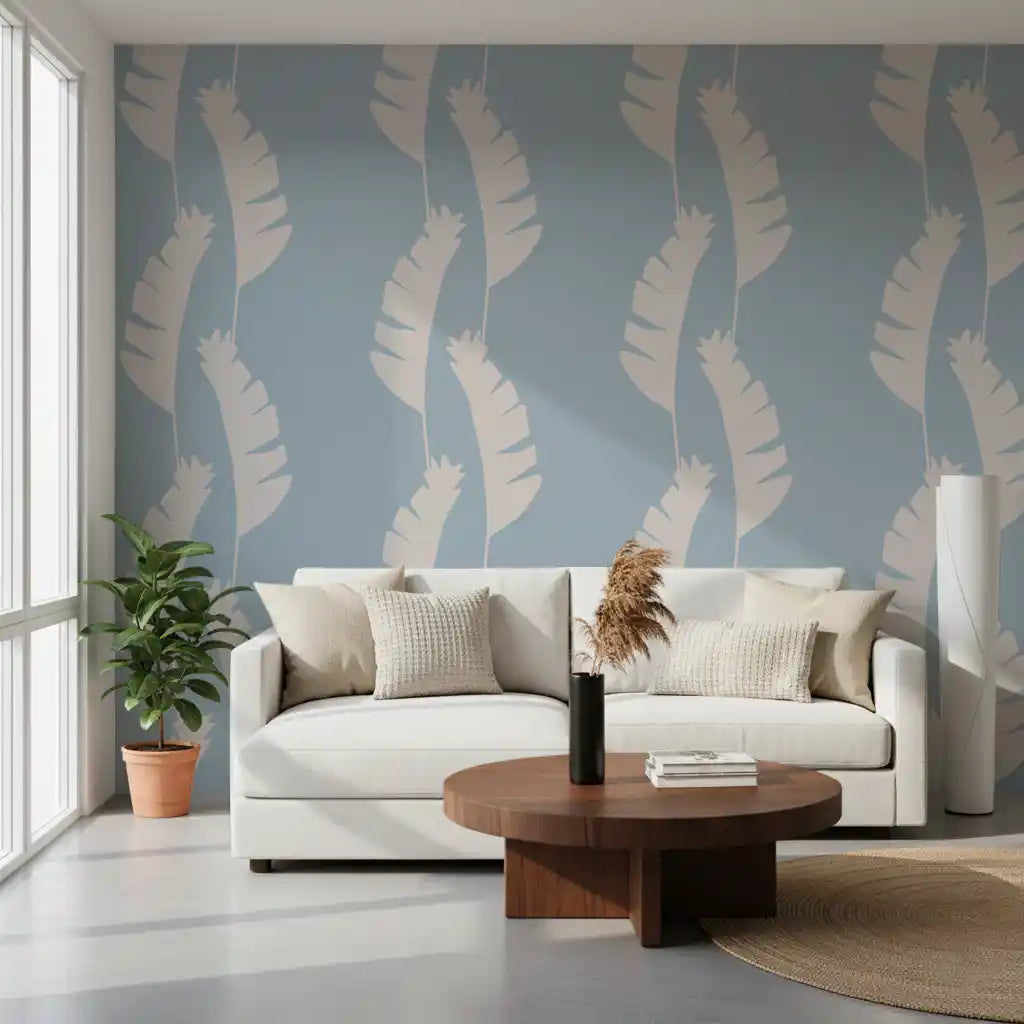 Soft Blue Banana Leaf Wallpaper Boho Coastal Wallpaper⁠