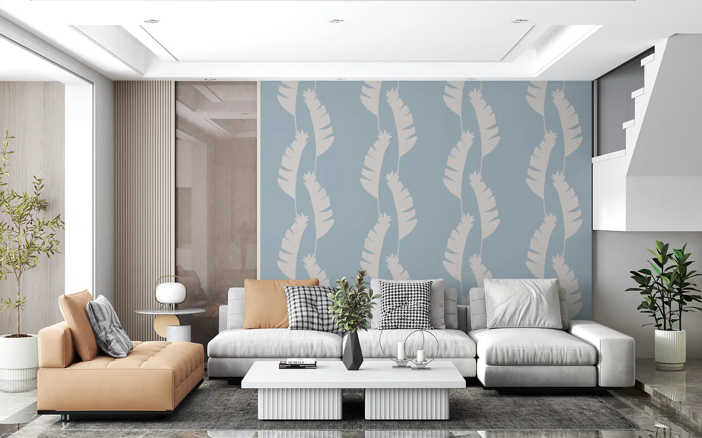 Soft Blue Banana Leaf Wallpaper Boho Coastal Wallpaper⁠
