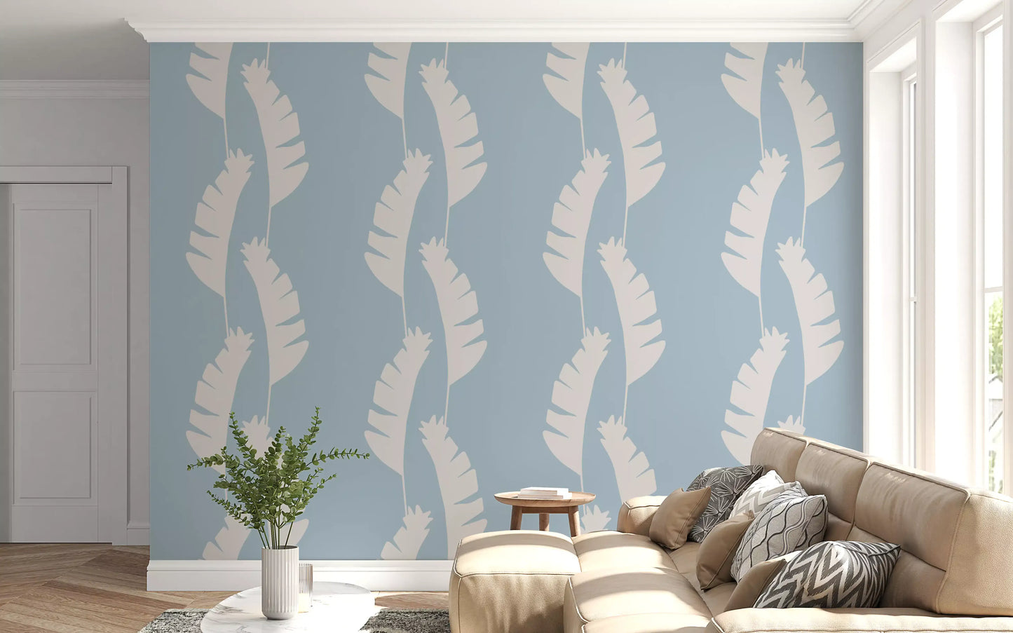 Soft Blue Banana Leaf Wallpaper Boho Coastal Wallpaper⁠