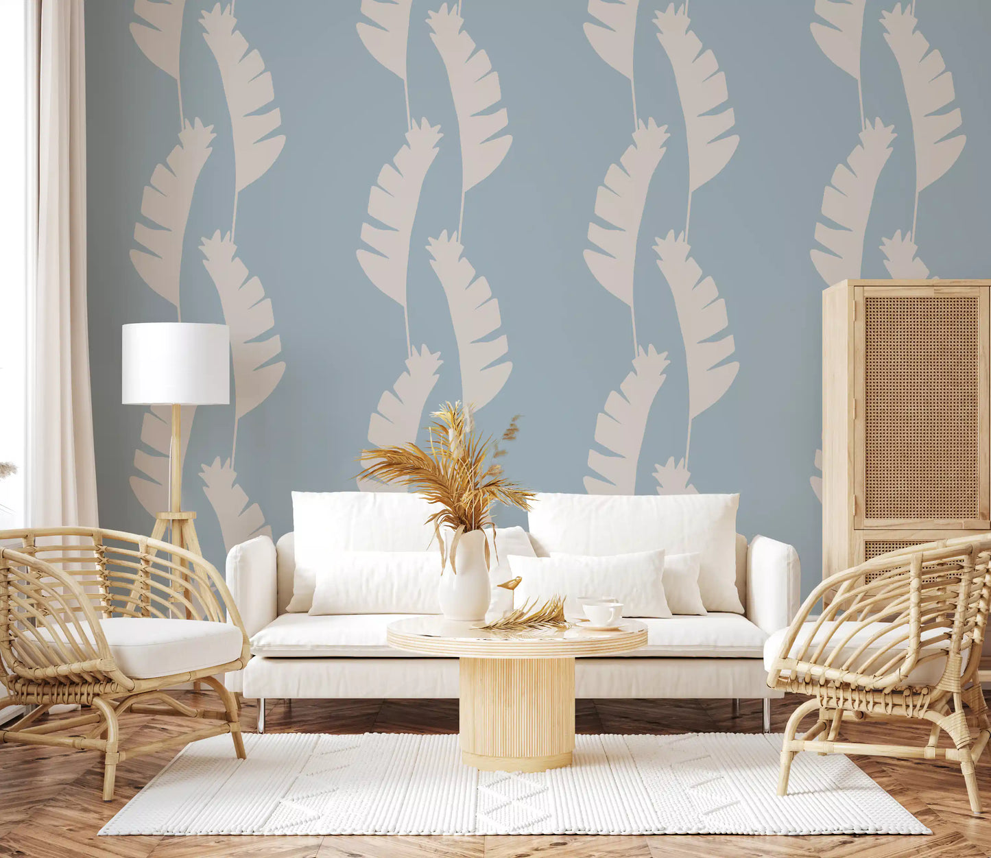 Soft Blue Banana Leaf Wallpaper Boho Coastal Wallpaper⁠
