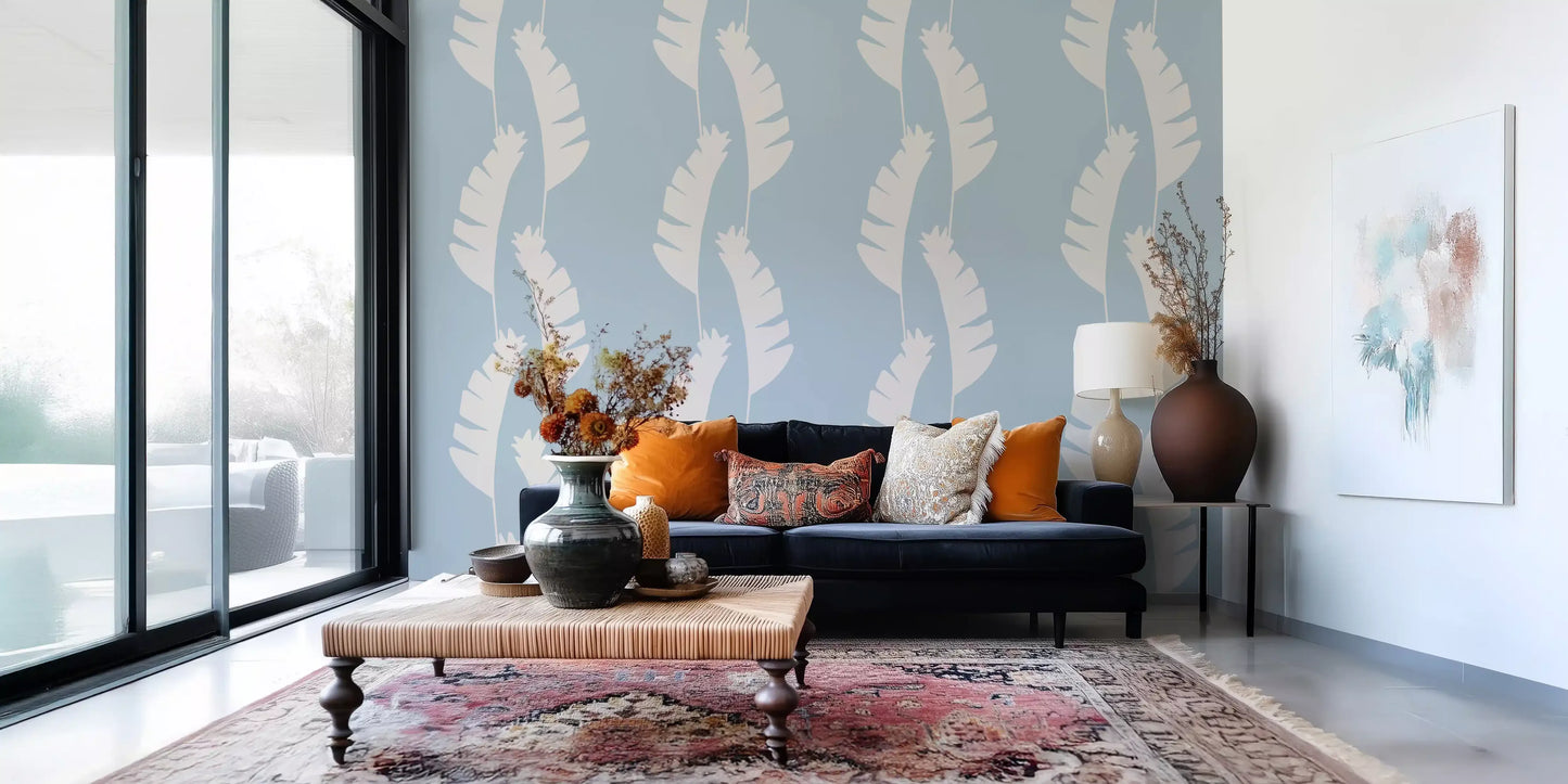 Soft Blue Banana Leaf Wallpaper Boho Coastal Wallpaper⁠