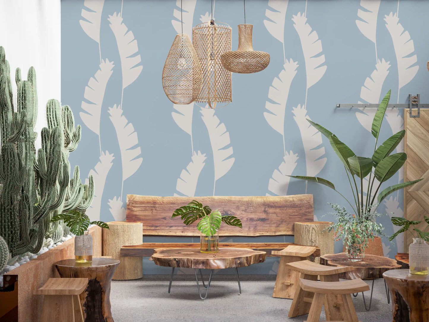 Soft Blue Banana Leaf Wallpaper Boho Coastal Wallpaper⁠