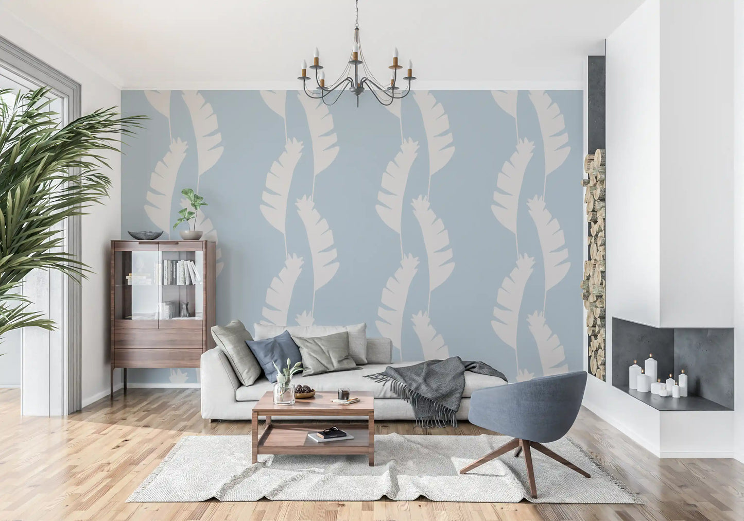 Soft Blue Banana Leaf Wallpaper Boho Coastal Wallpaper⁠