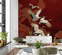 Hallway wall mural featuring Crimson Sky Crane Dance and gold cloud detail