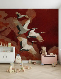 Sky crane mural with graceful bird movement and warm crimson background