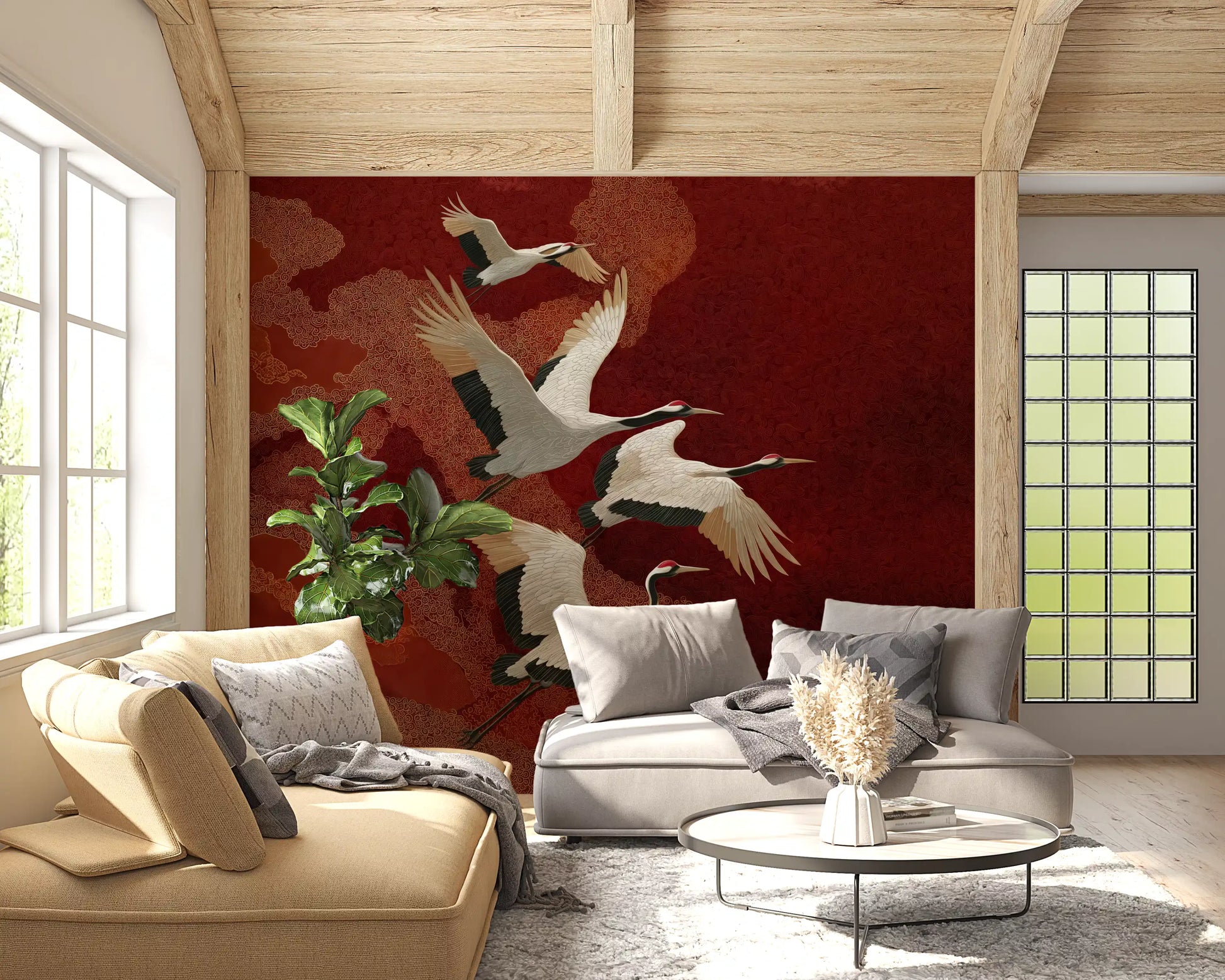 Living room wall mural with Crimson Sky Crane birds on a rich red backdrop