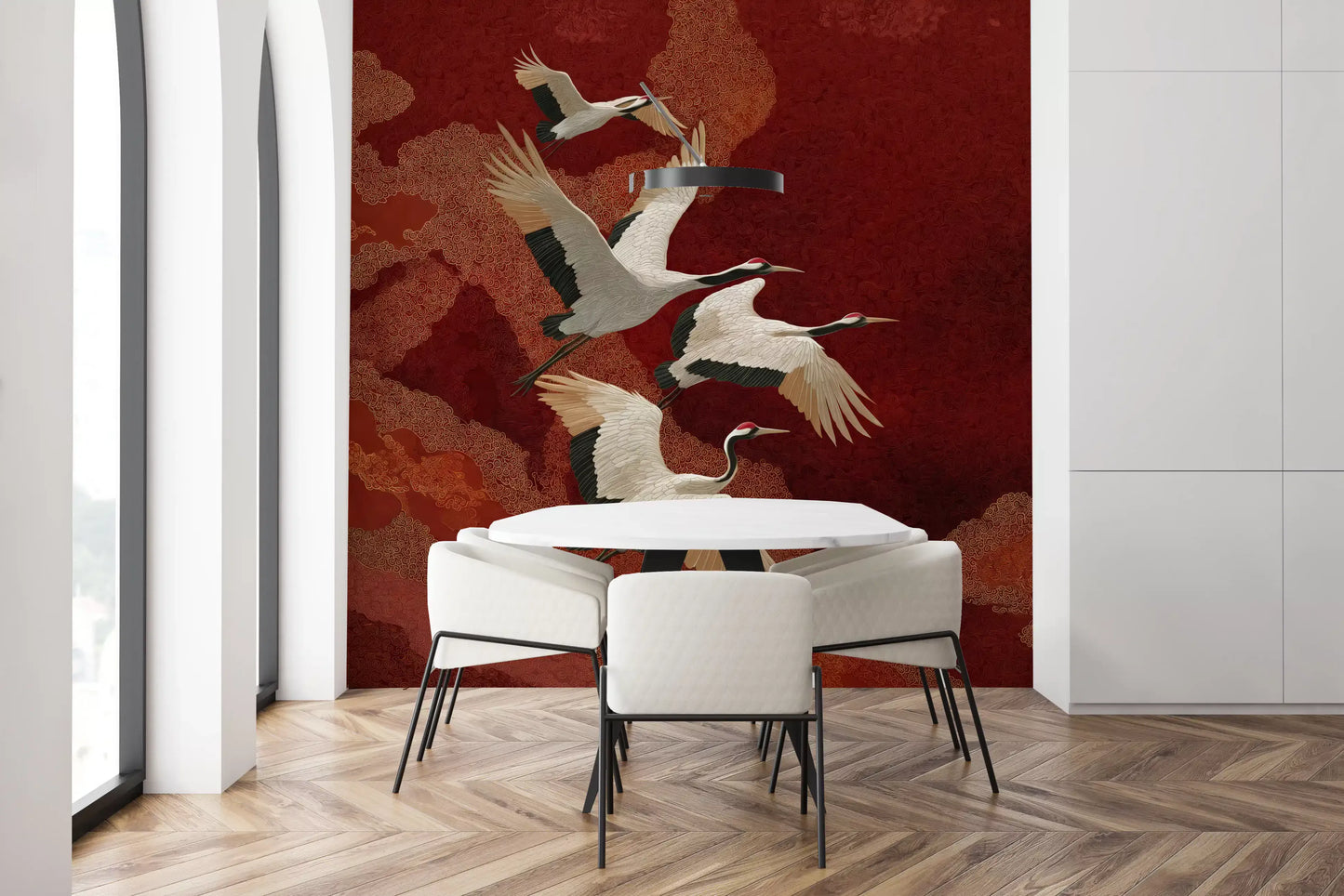 Dining room wall mural using Crimson Crane Dance bird artwork and red texture
