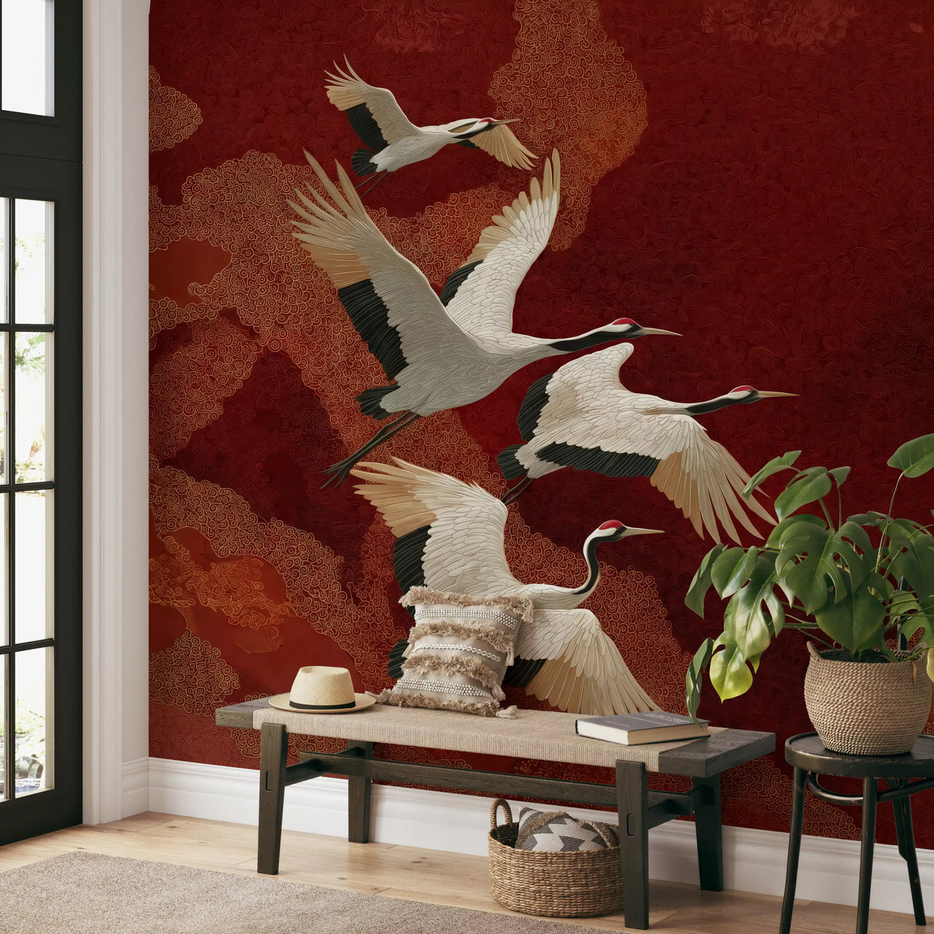 Crimson Sky Crane Dance Wall Mural