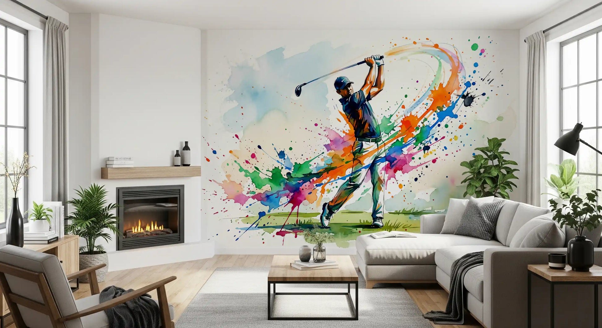 Dynamic Golf Splash Wall Mural with golfer, paint bursts, and open background