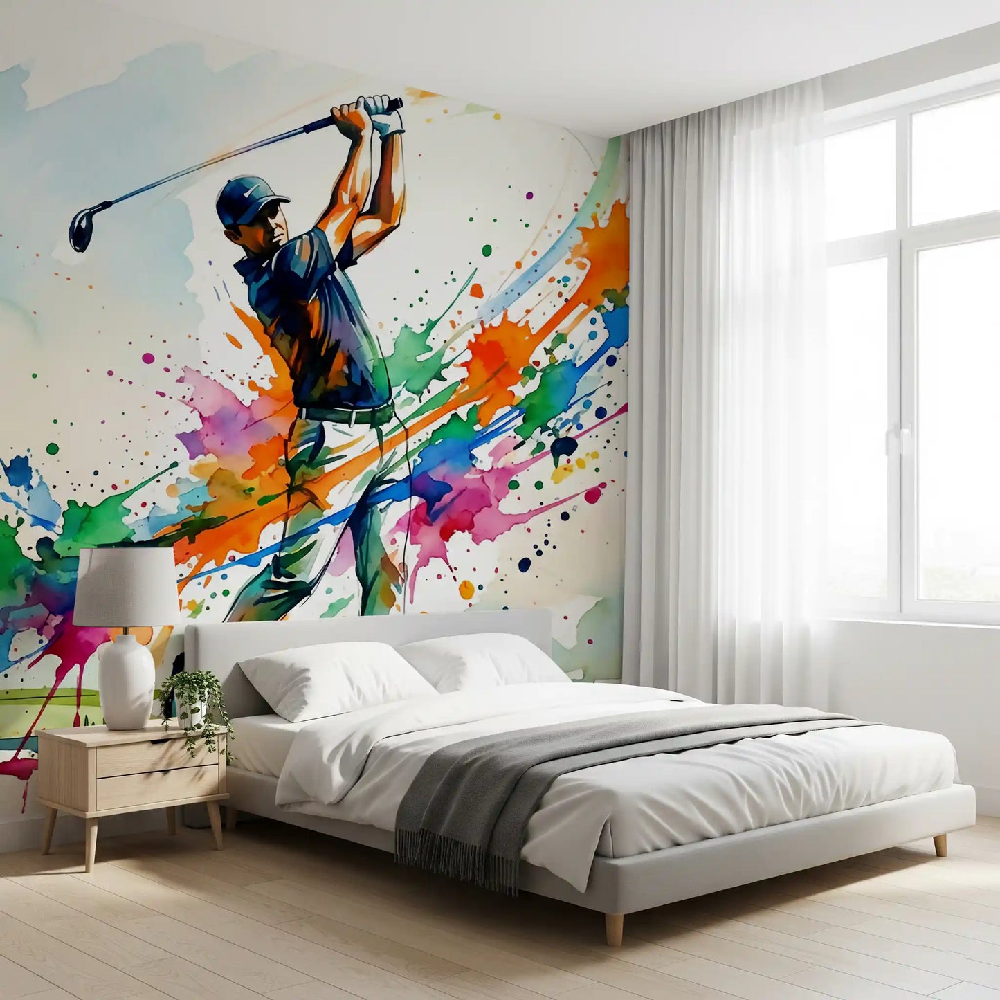 Sports wall mural featuring golfer motion and expressive paint movement