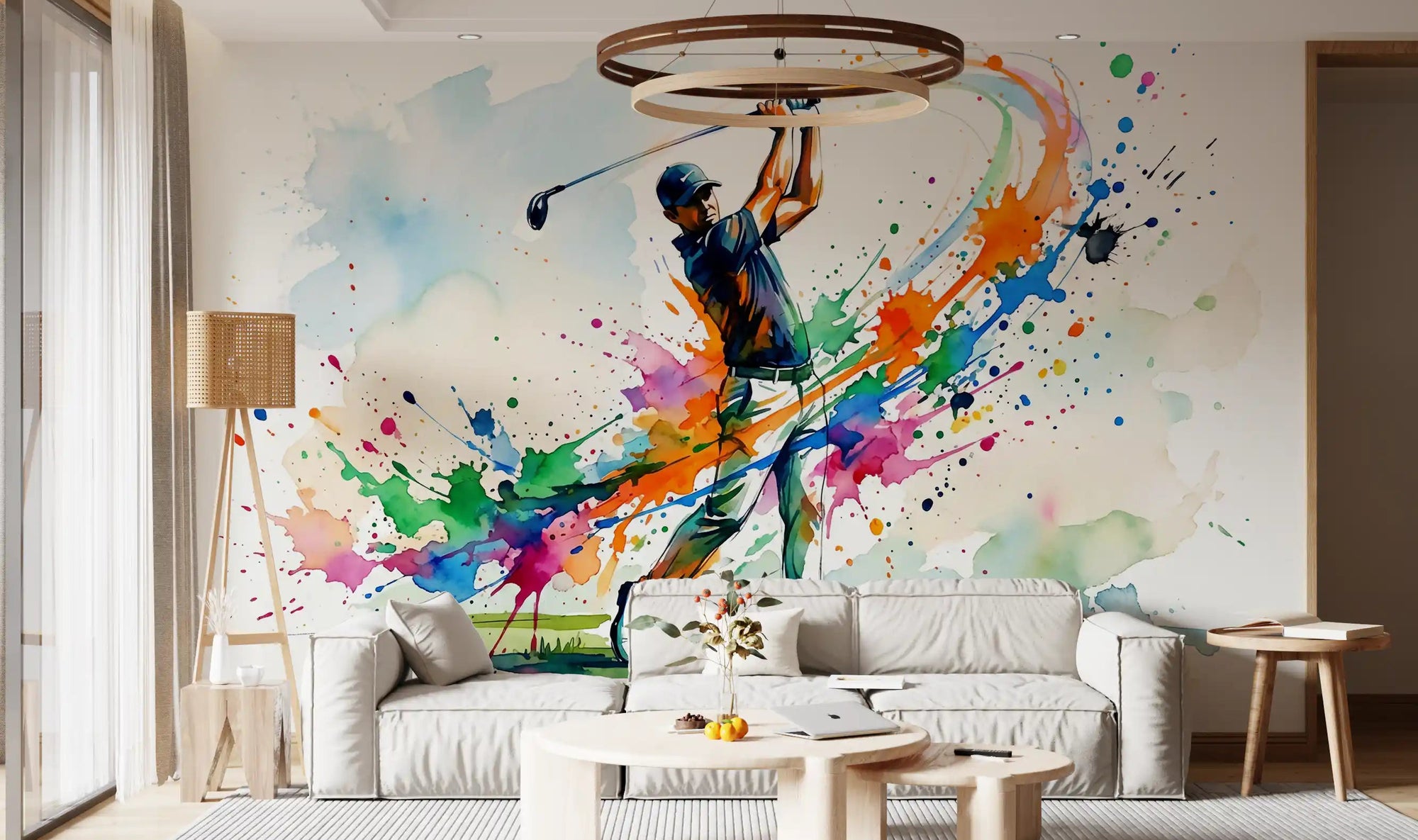 Office wall mural showing golf swing artwork with bright paint splashes