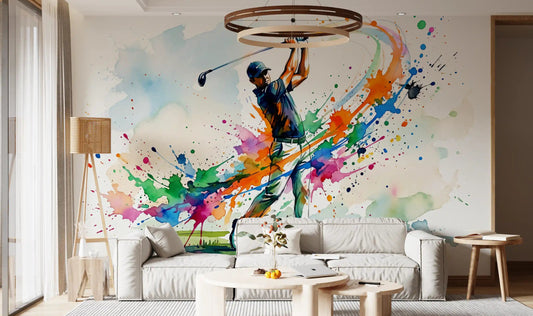 Office wall mural showing golf swing artwork with bright paint splashes