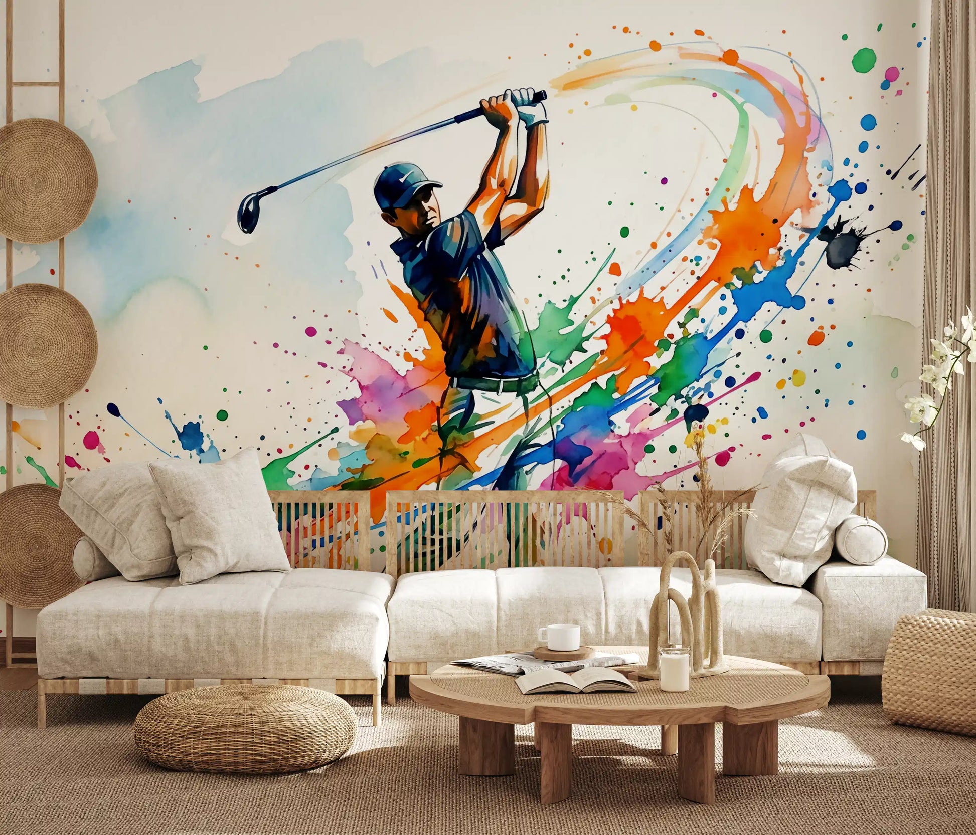 Watercolor golf mural with blue, orange, green, pink, and yellow splashes