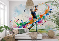 Golf corner wall mural with swing mural and vivid multicolor spray