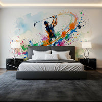 Golf swing wall mural with artistic splash pattern and clean light backdrop