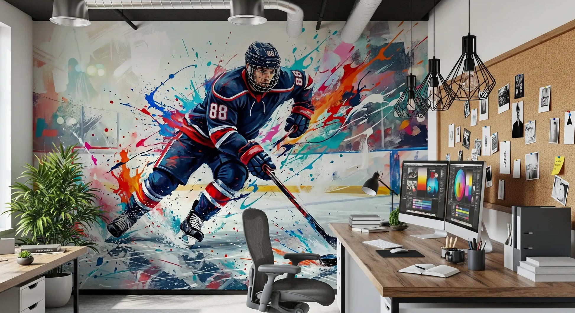 Office area wall mural showing hockey action player with bold paint bursts