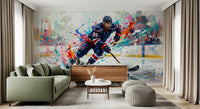 Action wall mural with hockey player artwork and expressive color bursts