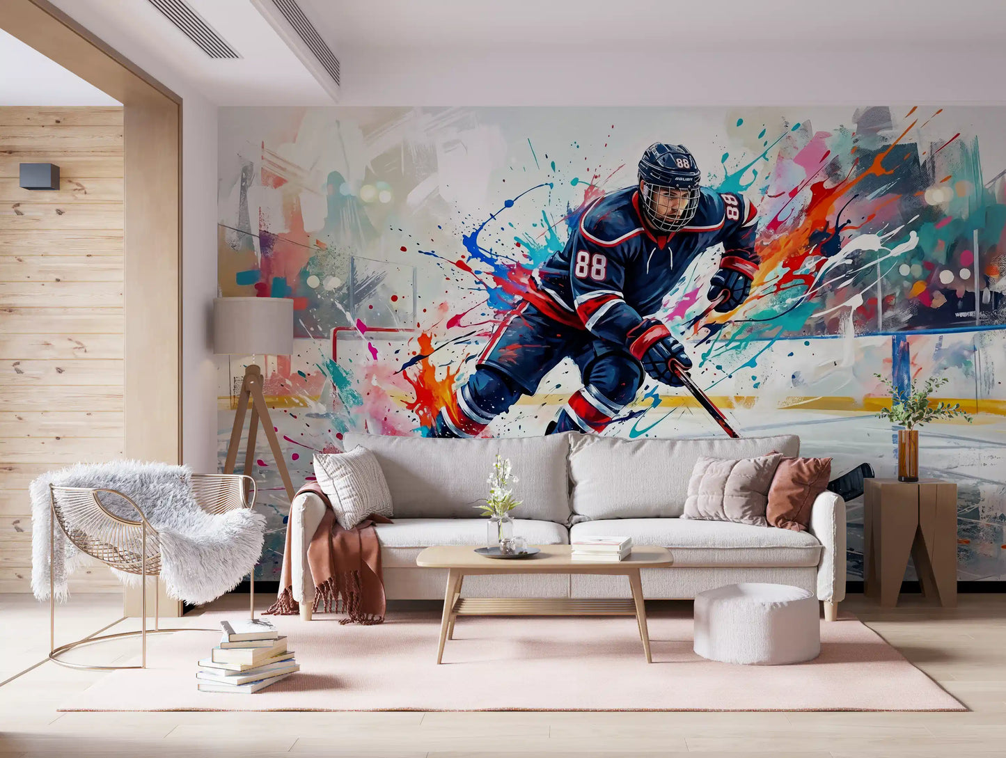 Living room wall mural with Blitz hockey artwork and colorful splashes