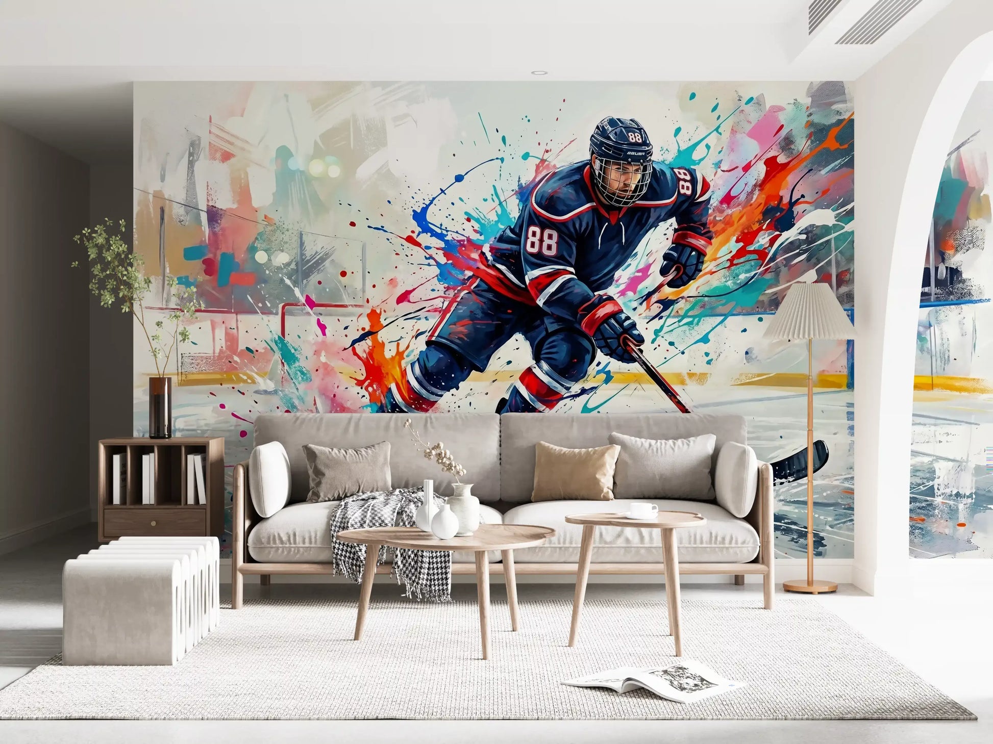 Living room wall mural with Brushstroke Blitz hockey action and splash art