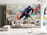 Living room wall mural with Brushstroke Blitz hockey action and splash art
