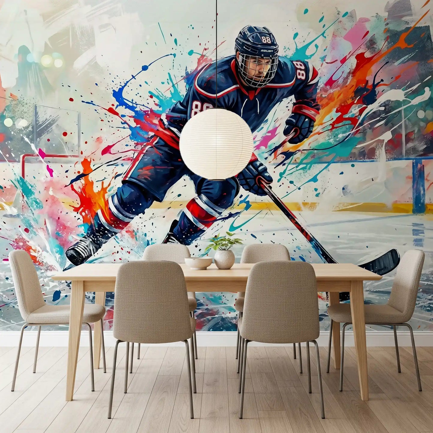 Hockey Action wall mural featuring skater movement and abstract paint detail