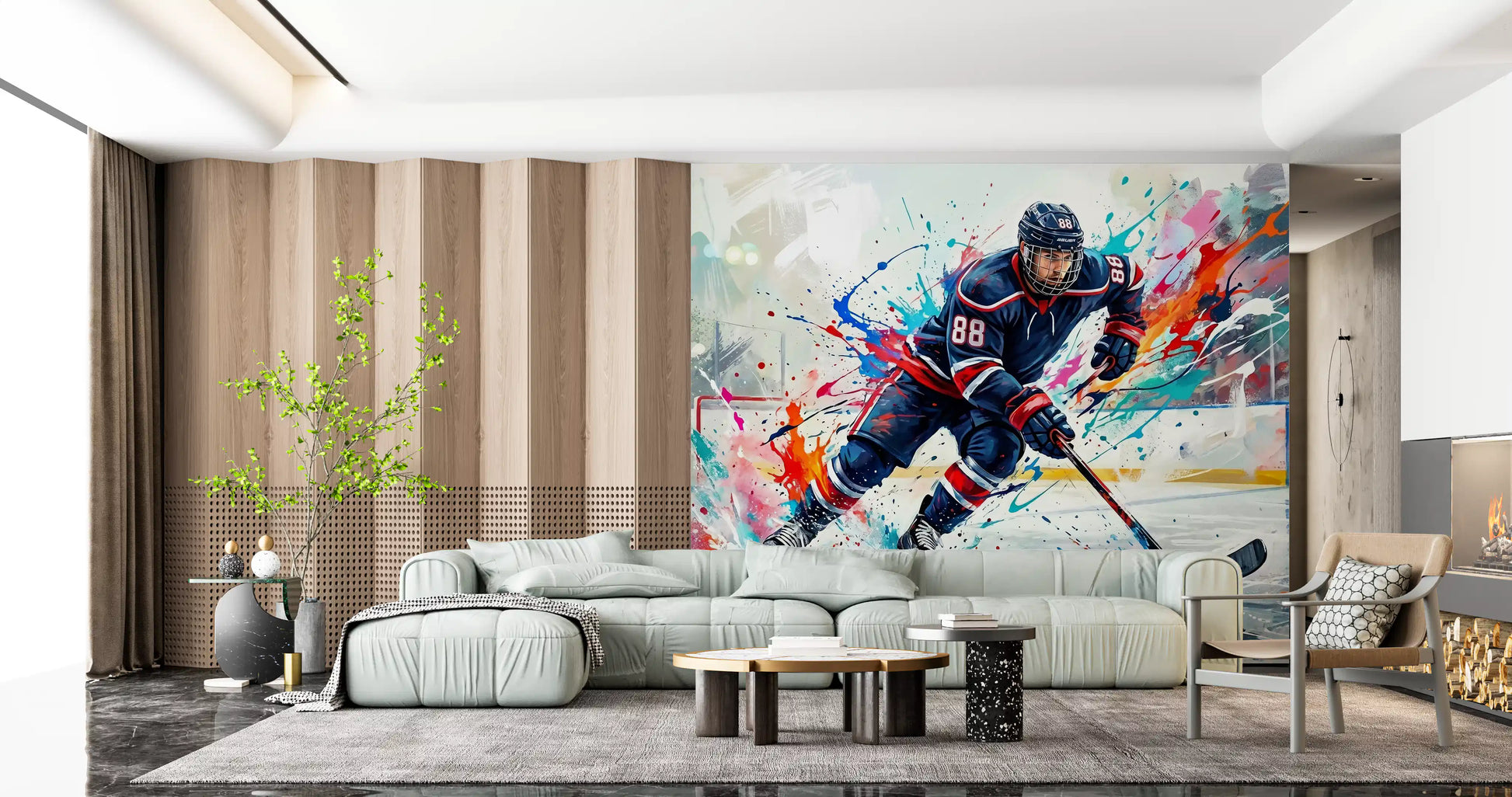 Ice hockey wall mural showing bold motion, stick control, and splash accents