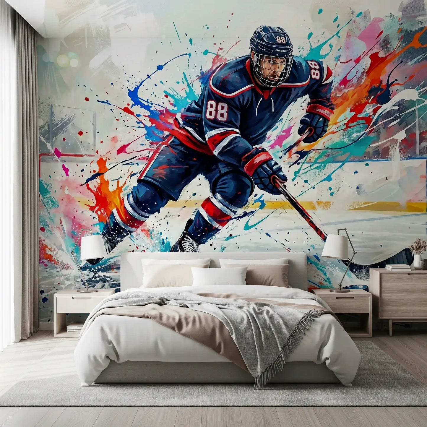 Bedroom wall mural featuring Brushstroke sports art and ice rink motion