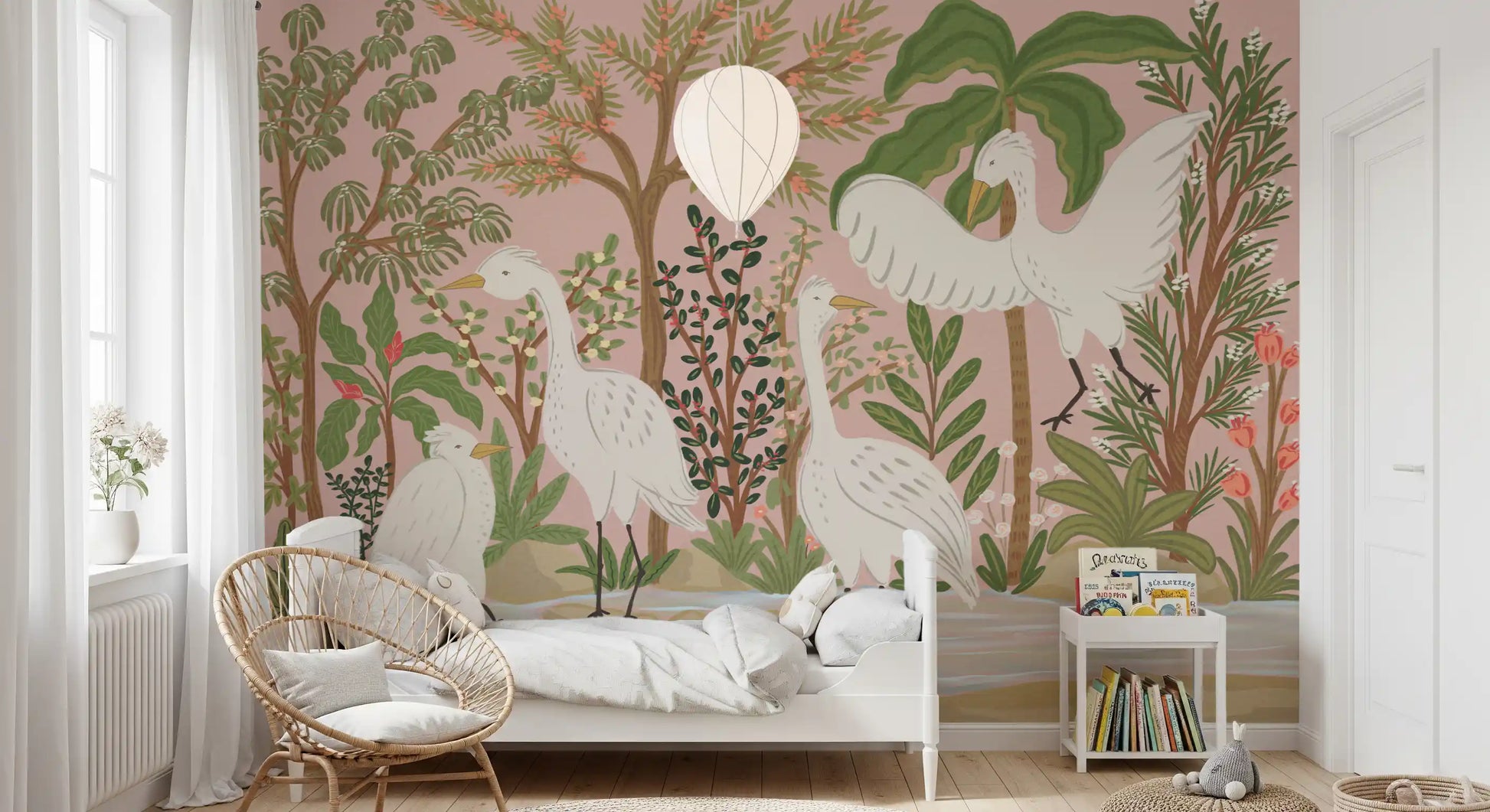 Bird wall mural with Serene Botanical Oasis styling and tropical foliage