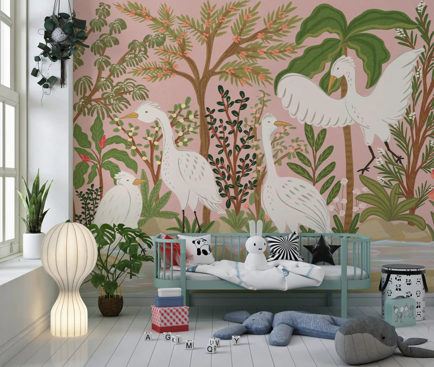 kids room wall mural with Botanical Oasis foliage and elegant white egrets
