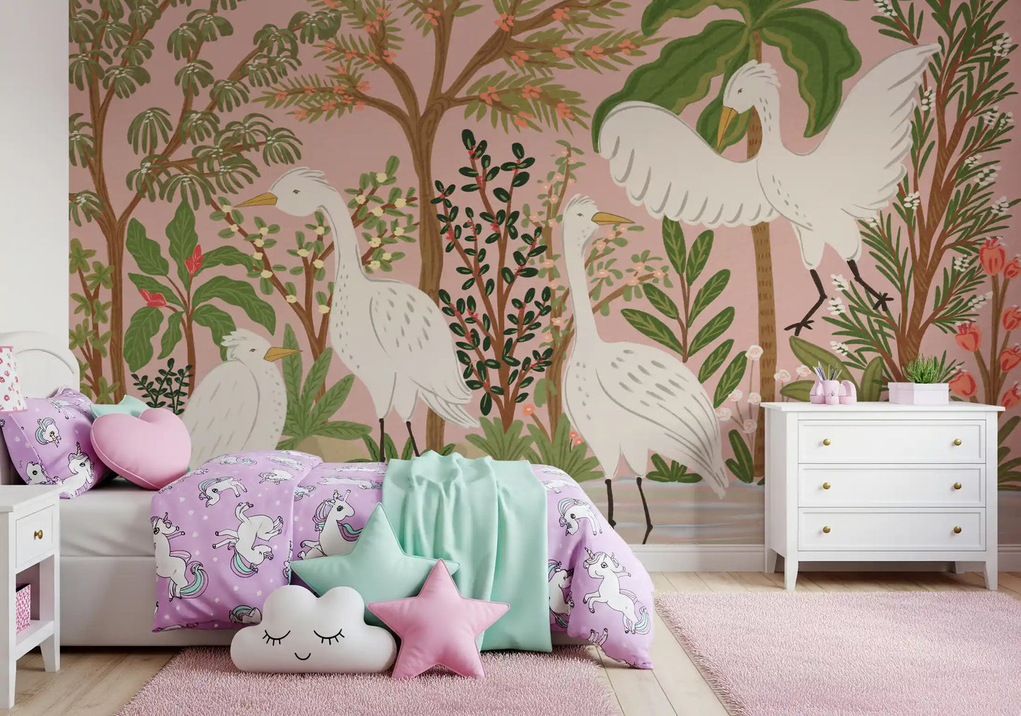 Egret wall mural with leafy plants, flowering branches, and tranquil river detail