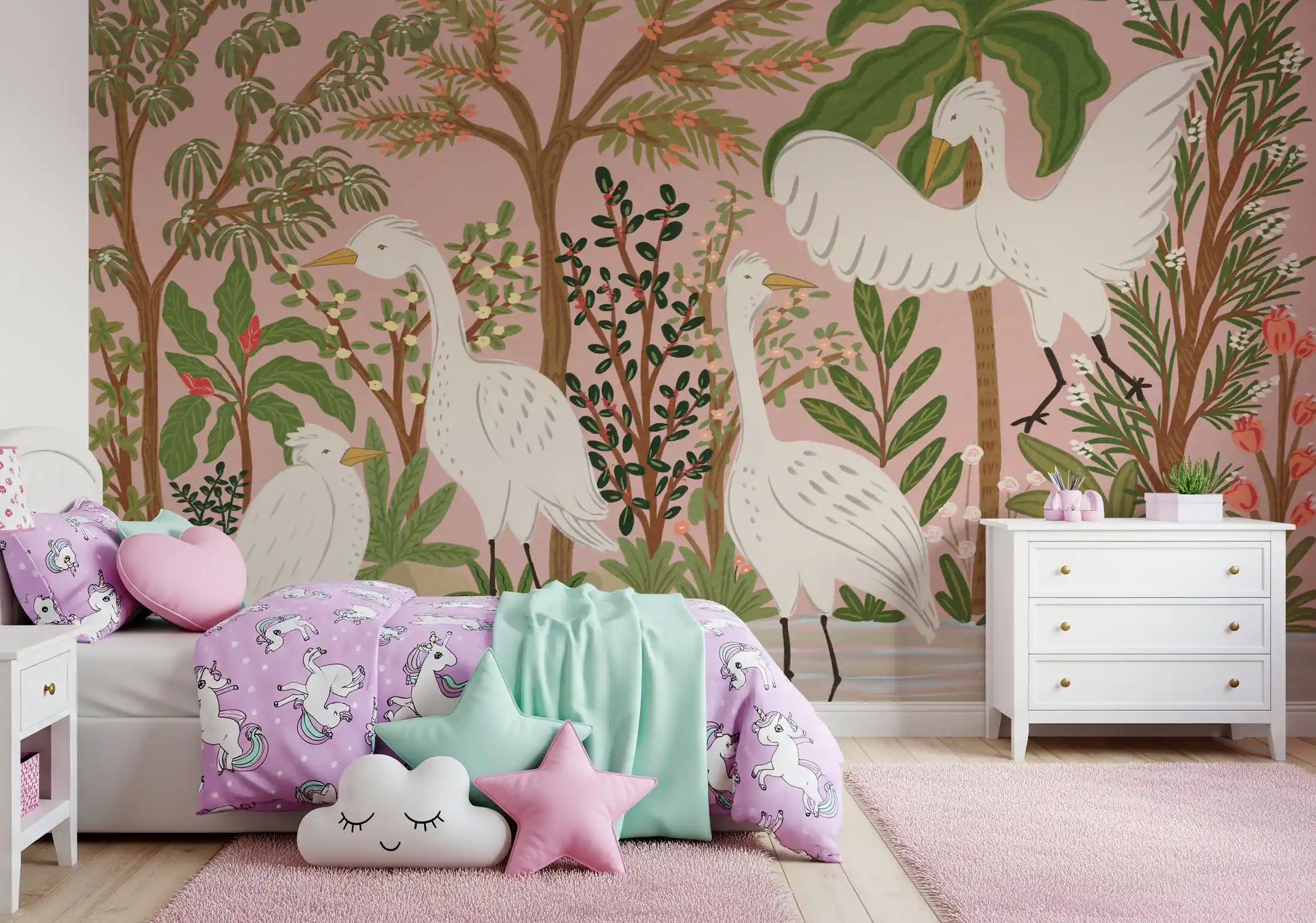 Egret wall mural with leafy plants, flowering branches, and tranquil river detail
